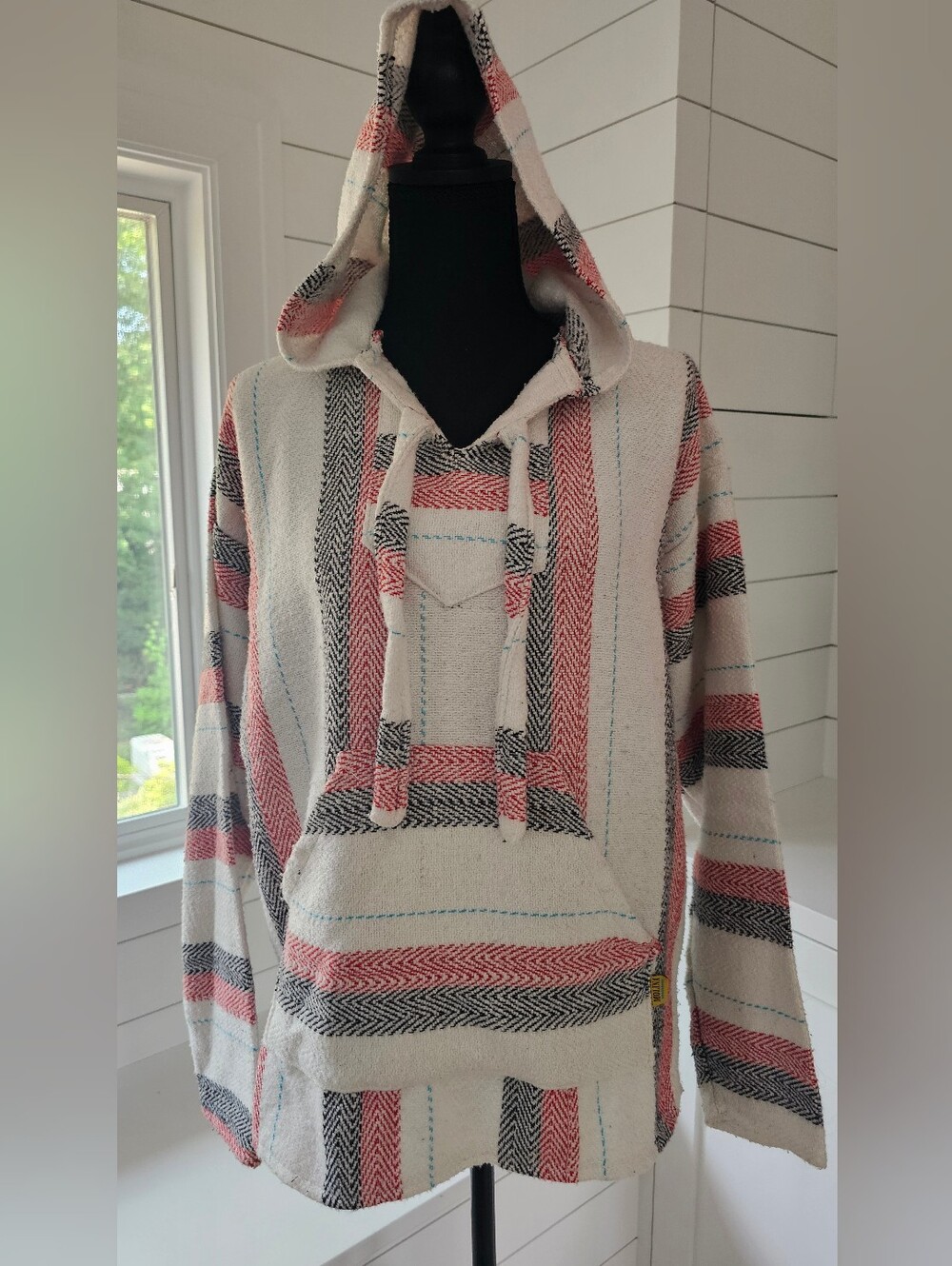 Hooded Baja-Style Sweater in White with Pink & Black Stripes